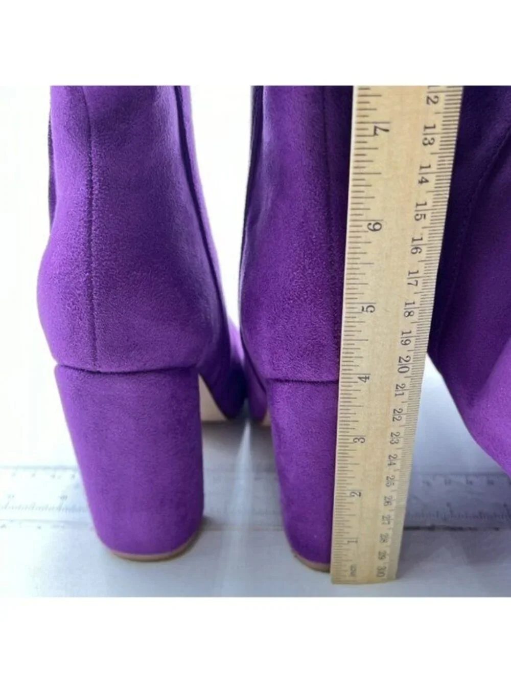 Women Thick High Heel Knee High Long Boots Closed Toe Pull On Faux Sued Purple